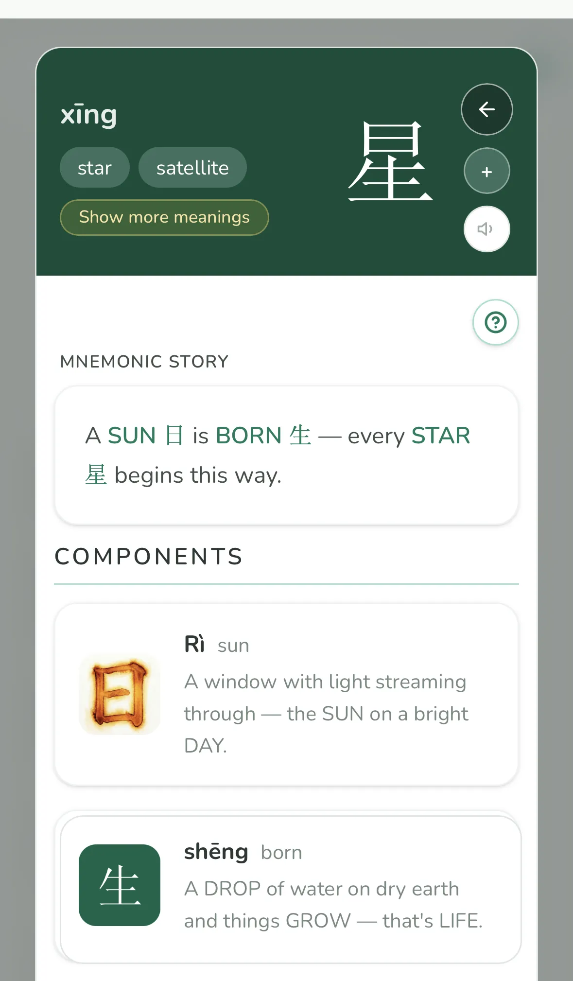 Character detail for 星 (xīng, star) — mnemonic "A SUN 日 is BORN 生, every STAR 星 begins this way" with component breakdowns and watercolor illustration